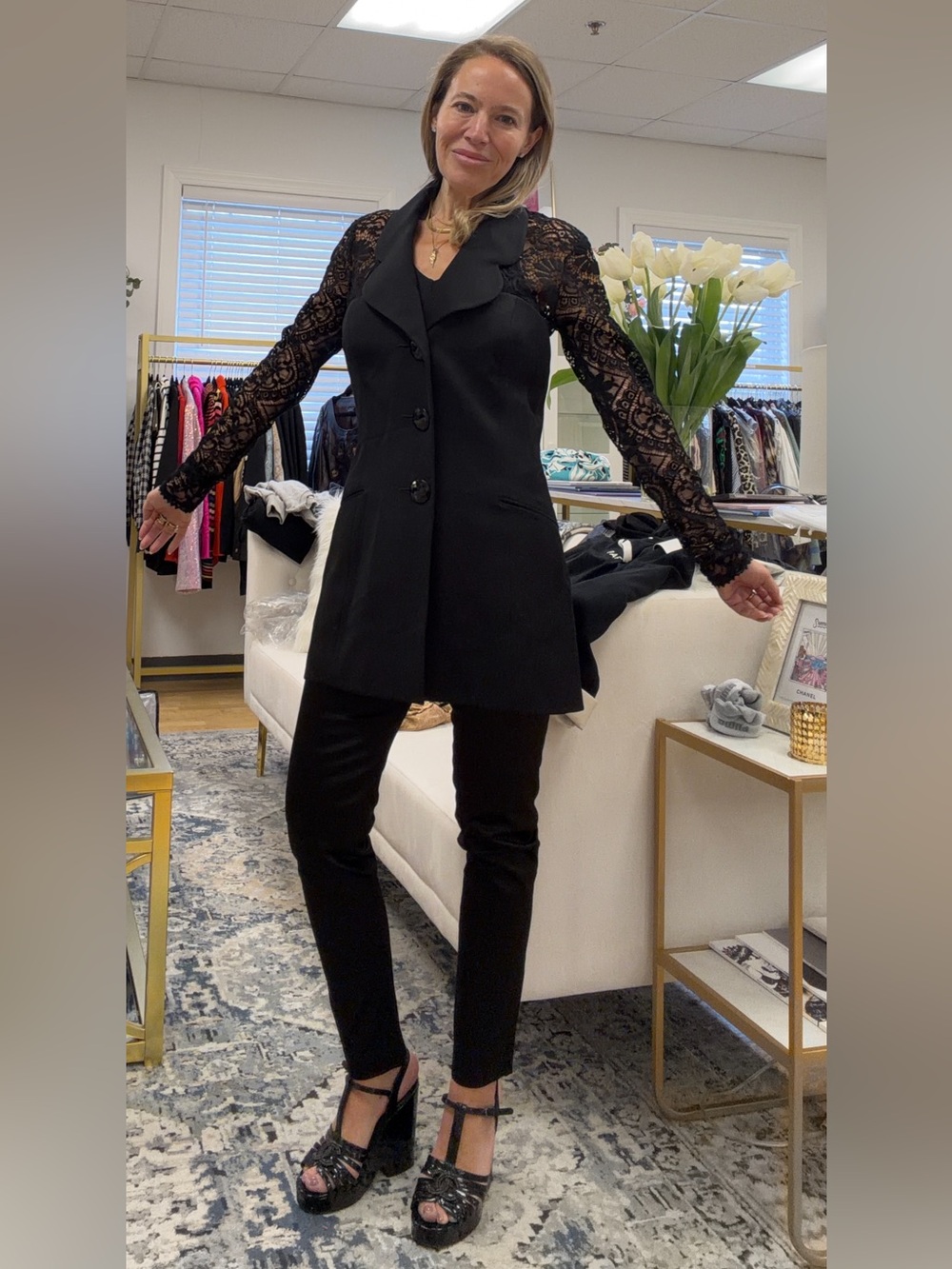 GIANFRANCO FERRE Black Lace Mixed Media Button Front‎ Blazer Sz 2 Quiet Luxury